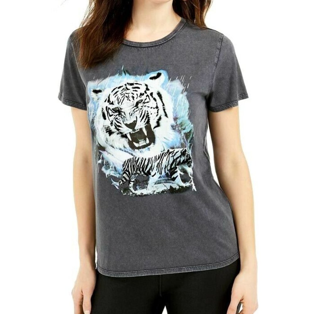 GUESS Women.s Gray Tiger Dream Easy Print Tee Shirt Top
